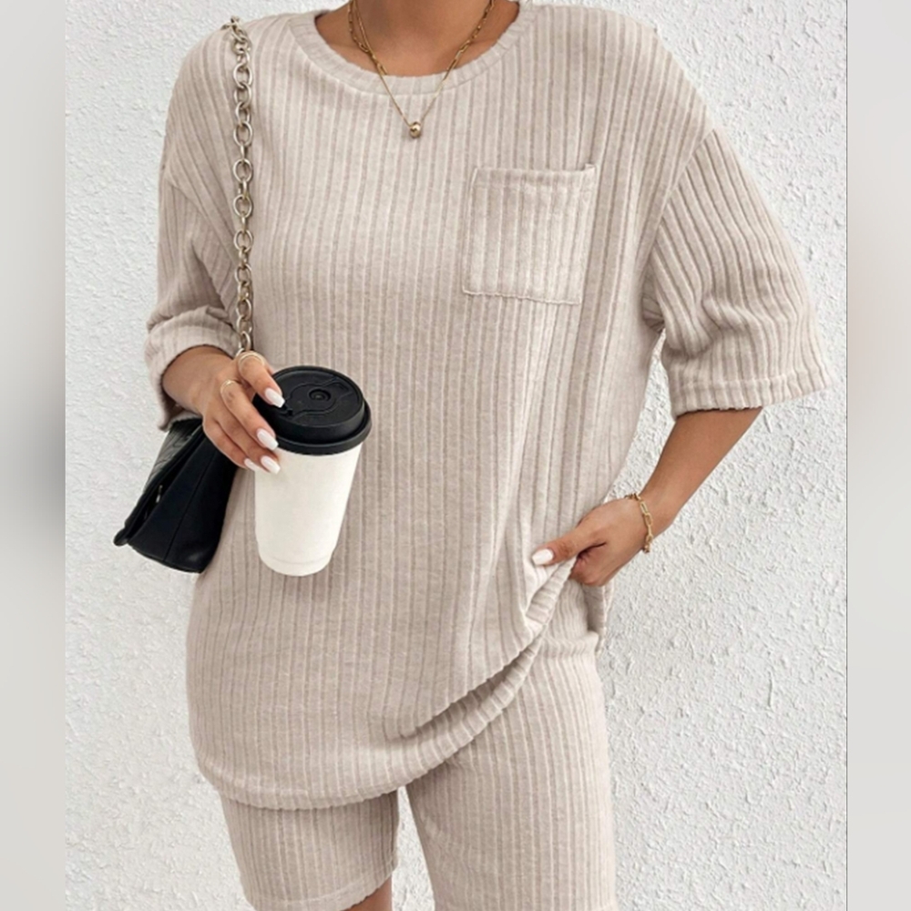 Beige Women's Ribbed Shorts Set - Picture 9 of 13